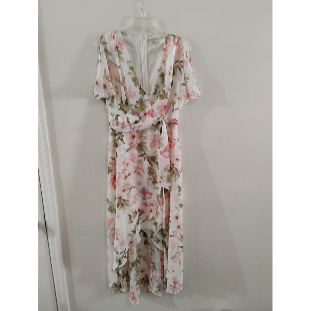Eliza J Floral High Low Maxi Dress White Pink Faux Wrap Flutter Sleeve Size 6